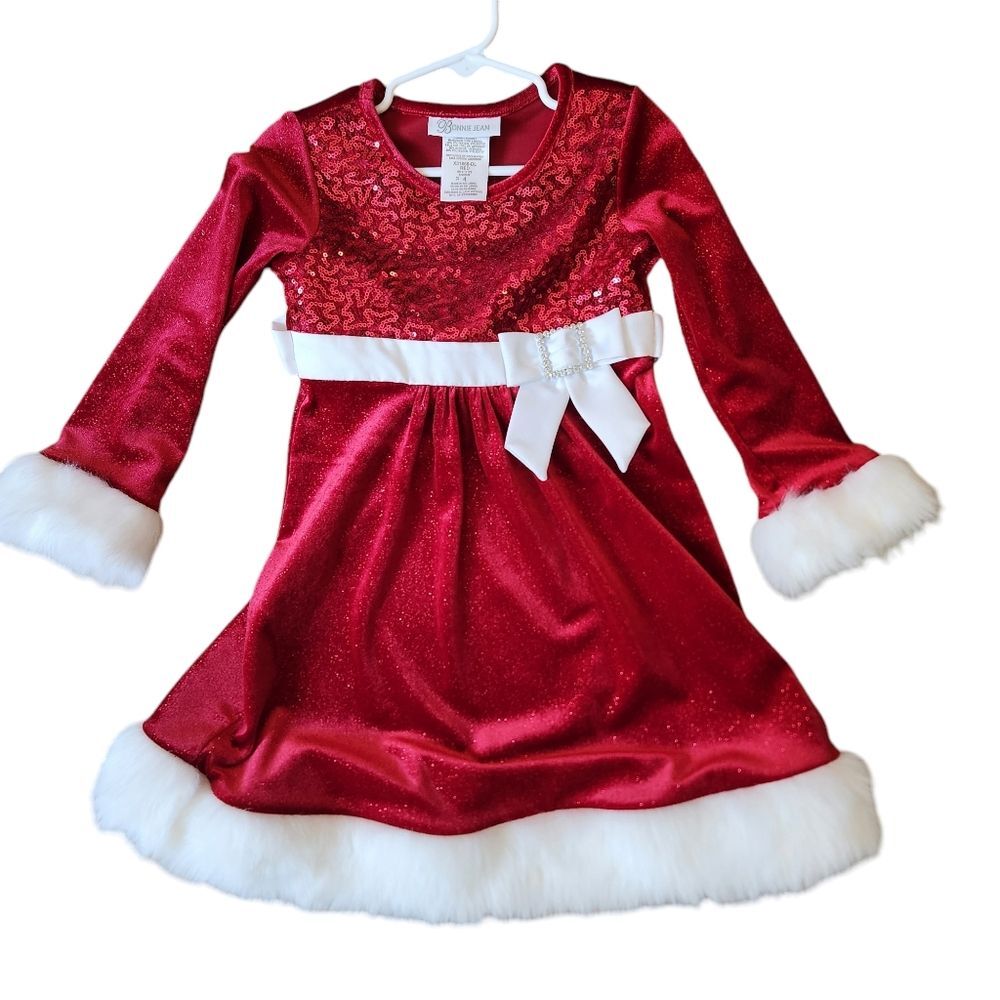 Bonnie Jean Girls Long Sleeve Velvet and Sequin Santa Dress Size 4 Red and White